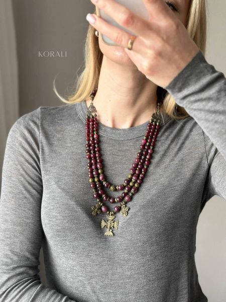 Necklace made of natural garnet stones (three-row) 68-4 photo