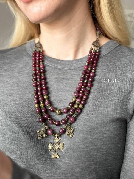 Necklace made of natural garnet stones (three-row) 68-4 photo