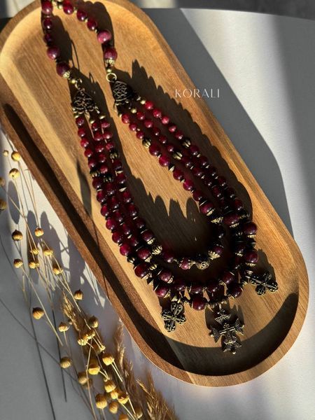 Necklace made of natural garnet stones (three-row) 68-4 photo
