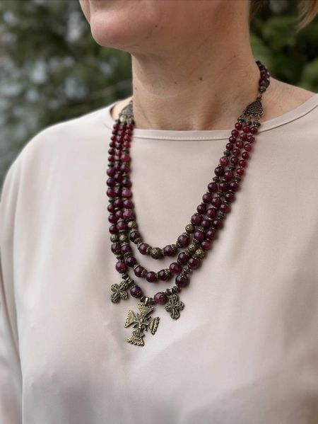 Necklace made of natural garnet stones (three-row) 68-4 photo