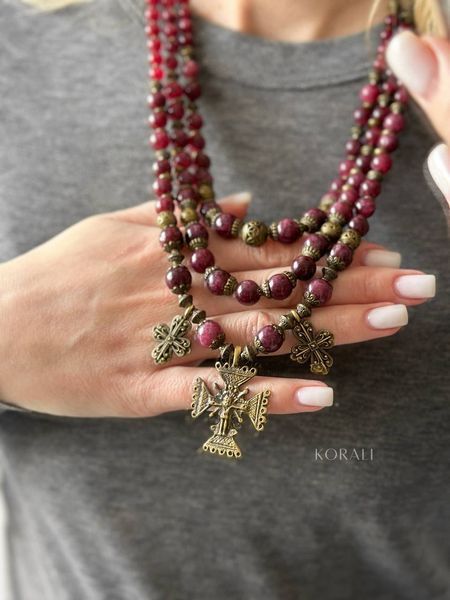 Necklace made of natural garnet stones (three-row) 68-4 photo
