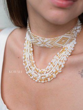 Necklace "Vyshyvanka" white and gold 2442 photo