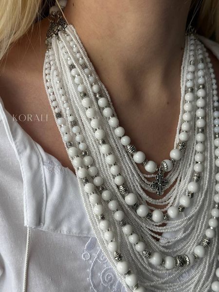 Set of white multi-row beads and white "Corals" necklace 2072 photo