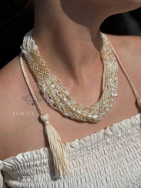 Set of ethnic necklace and bracelet "Pearl glow" 845 photo