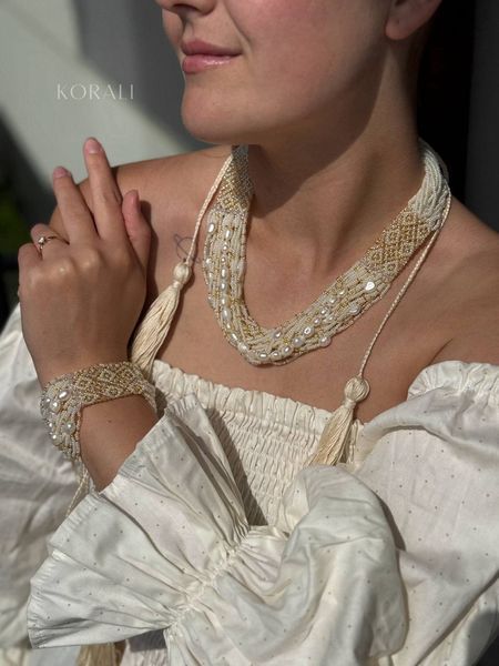Set of ethnic necklace and bracelet "Pearl glow" 845 photo