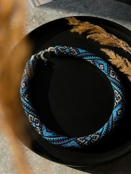 "Svarga" blue and gray harness necklace 337 photo