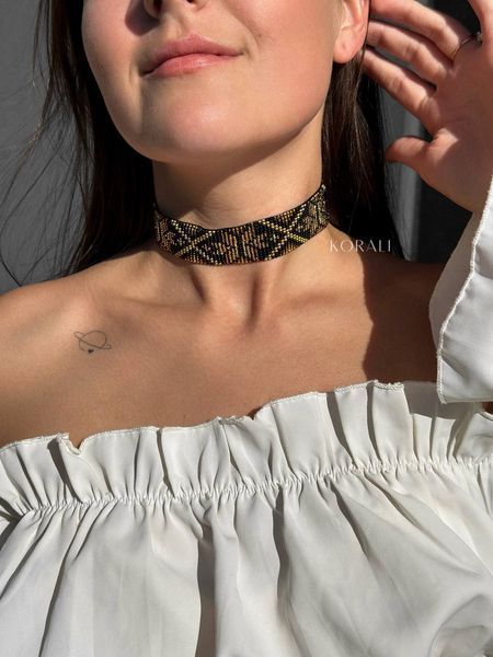 Ribbon necklace "Starry Carpathians" black color with gold ornament 240 photo