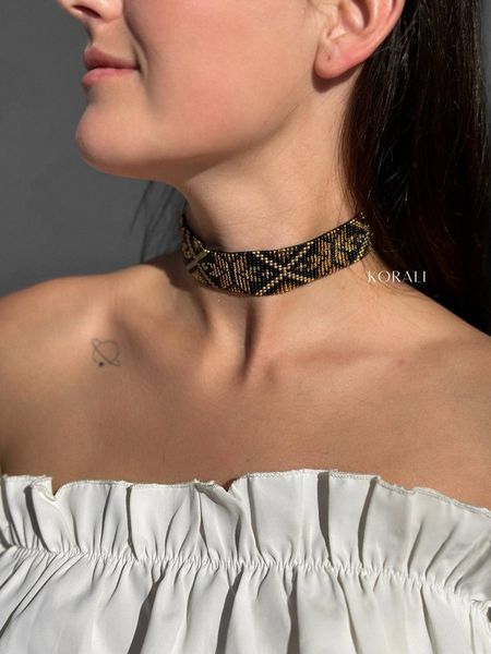 Ribbon necklace "Starry Carpathians" black color with gold ornament 240 photo