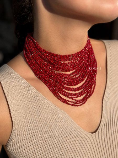 Necklace "Constellation" red with gold inclusions (short) 239 photo