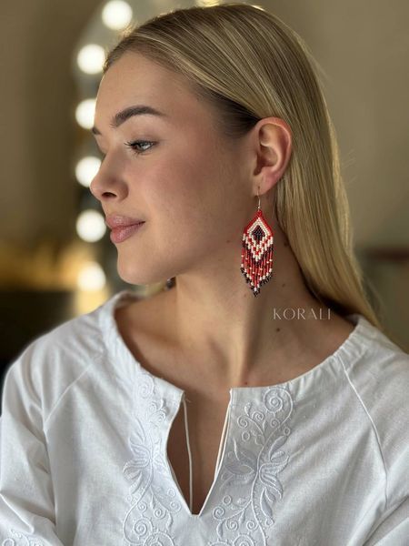 Earrings milk with red pattern "Marevo" 2158 photo