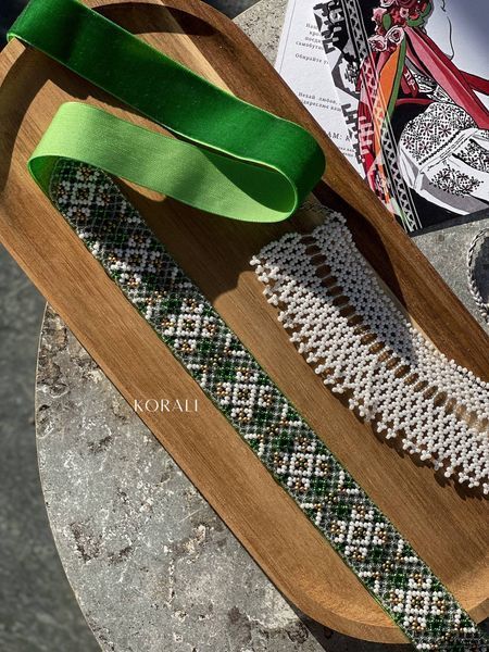Ribbon necklace "Zeropad" green with gold splashes 271 photo
