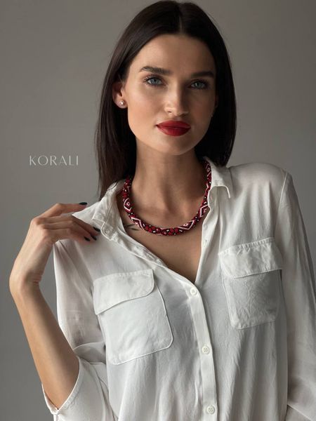 Necklace-harness "Embroidery" red with white 851 photo