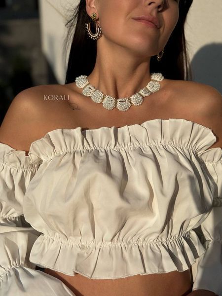 Set of necklace "Shimmering glow" white with pearls, bracelet and earrings 247 photo