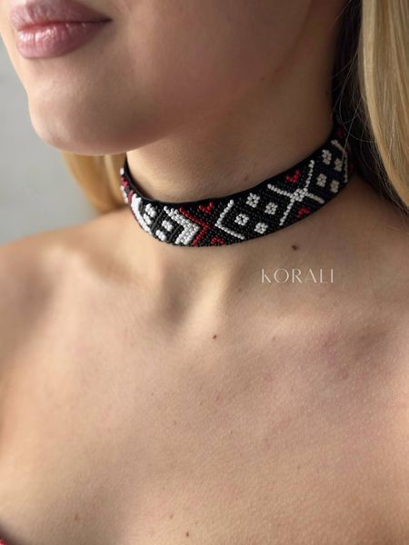 "Lesi Ukrainky" black silk scarf with red and white pattern on the ribbon 2350 photo