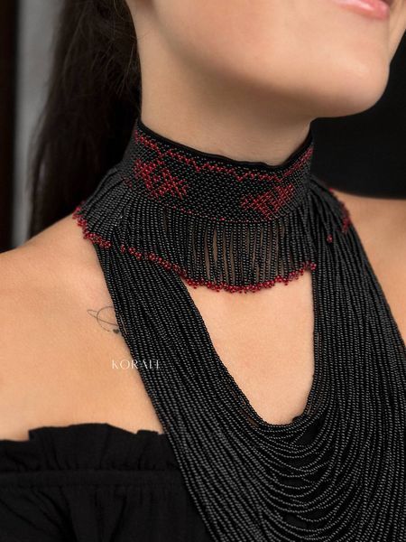 Set of ribbon necklace "Aeneid" and black necklace "Coral" 289 photo