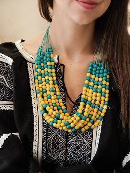 "Rowan" wooden necklace in yellow and blue 2567 photo