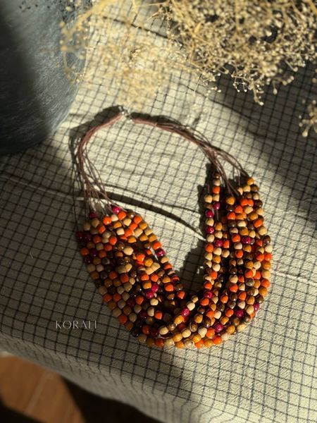 Wooden necklace "Rhododendron" in warm shades 1097 photo