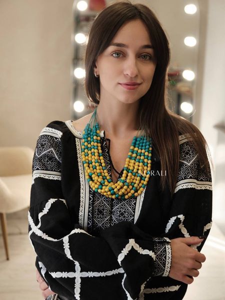 "Rowan" wooden necklace in yellow and blue 2567 photo