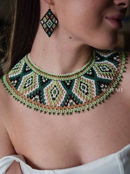"Stefaniya" jewelry set in shades of green: necklace (beaded necklace) and earrings 2569 photo