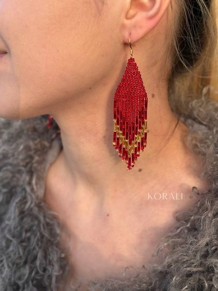 Earrings "Dahlias" red and gold 1088-3 photo