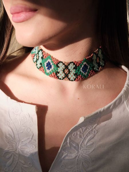 "Autumn Bloom" beaded necklace in green tones 2529 photo
