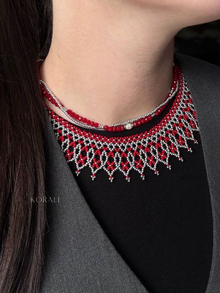 Set of "Flower of the Field" necklace and choker with rondels, red 749 photo