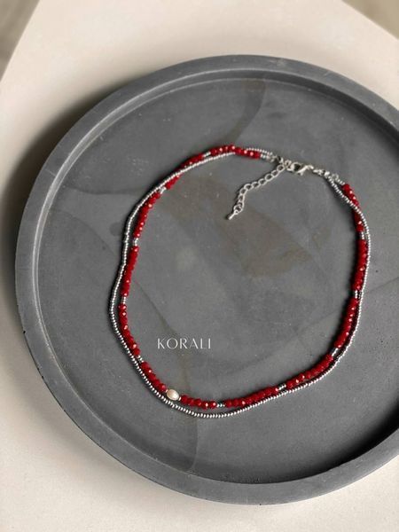 Set of "Flower of the Field" necklace and choker with rondels, red 749 photo