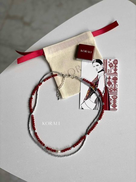 Set of "Flower of the Field" necklace and choker with rondels, red 749 photo