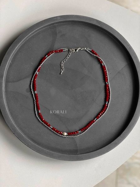 Set of "Flower of the Field" necklace and choker with rondels, red 749 photo