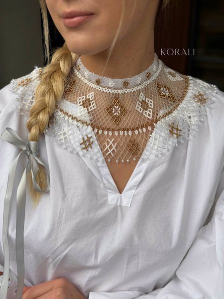 Necklace "Bereginya" in white and gray on a ribbon 1196 photo