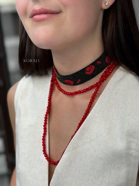 Set of choker "Poltava Roses" and red necklace 1014 photo