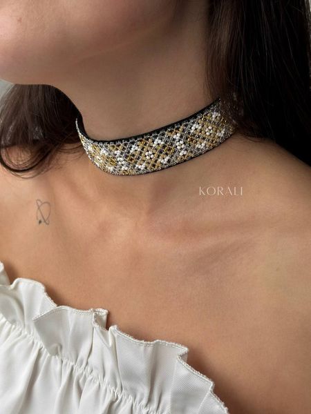 Ribbon necklace "Starfall" black color with gold splashes 213 photo